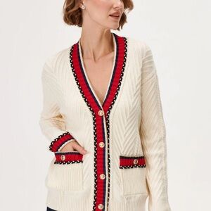 NWT - Joinus Elegant Cream Cardigan with Red Accents
